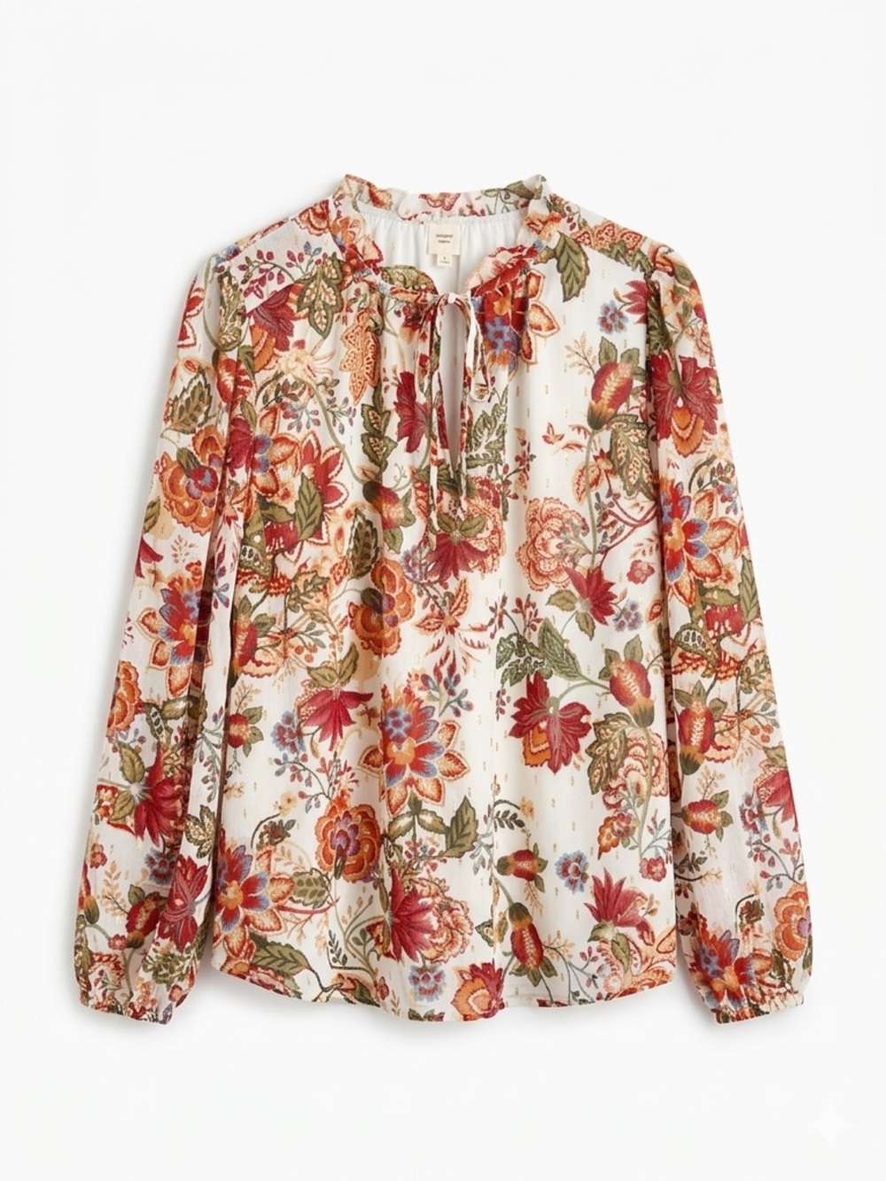 Autres Filles Floral Boho Tie-Neck Blouse | Cream Red Long Sleeve Fall Sz Large